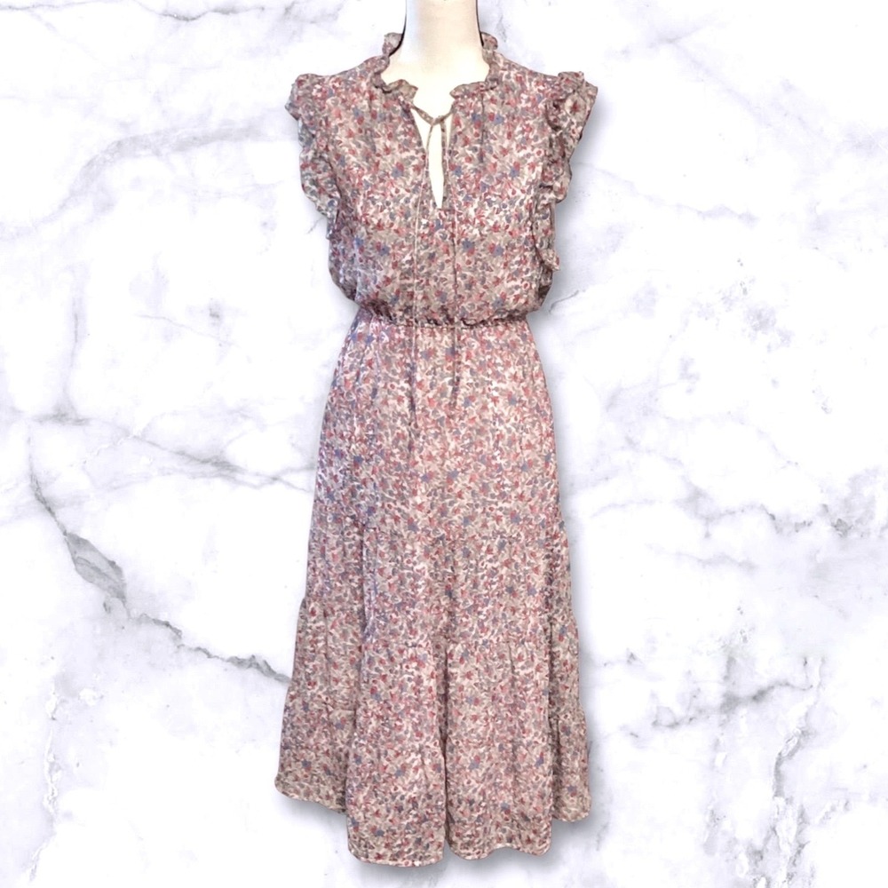 BB‎ Dakota Steve Madden Floral Ruffle Tiered Midi Dress Blue Pink Womens